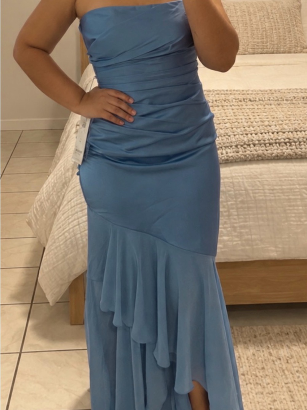 Azazie Strapless Ruched Light Blue Formal Gown